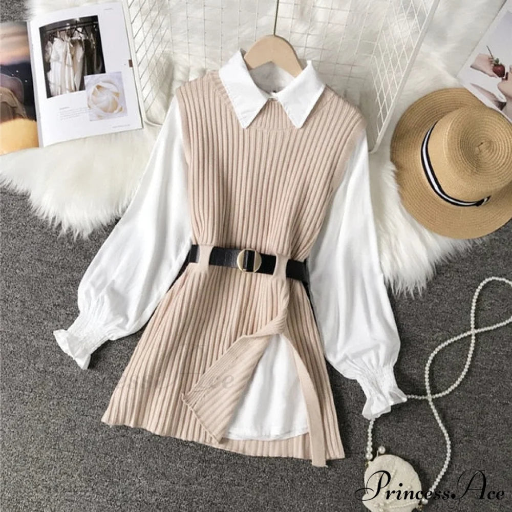 Knitted Set Waistband Style Blouse Top - Women’s Lantern College and Vest Arm UK900 Apricot / One Size