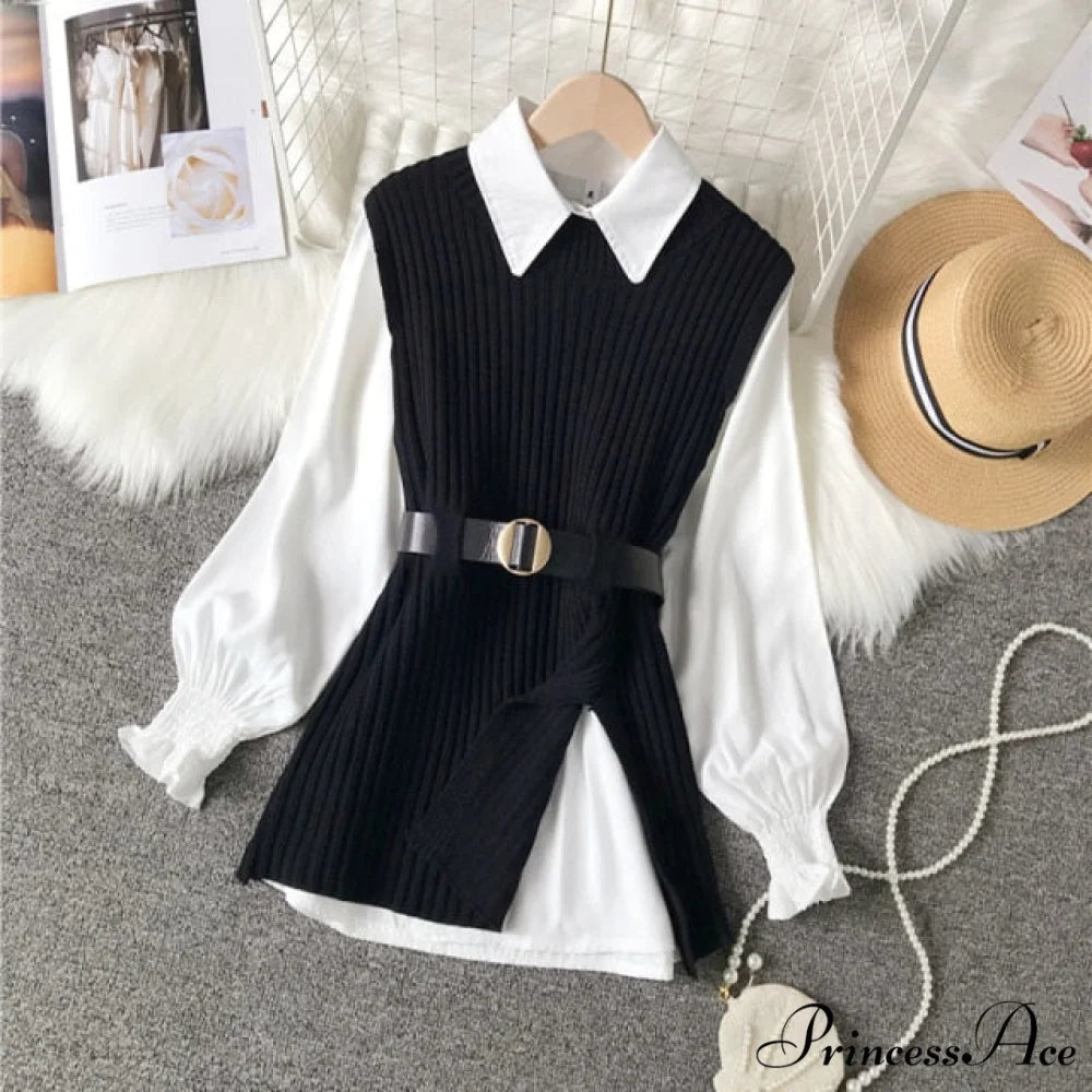 Knitted Set Waistband Style Blouse Top - Women’s Lantern College and Vest Arm UK900 Black / One Size