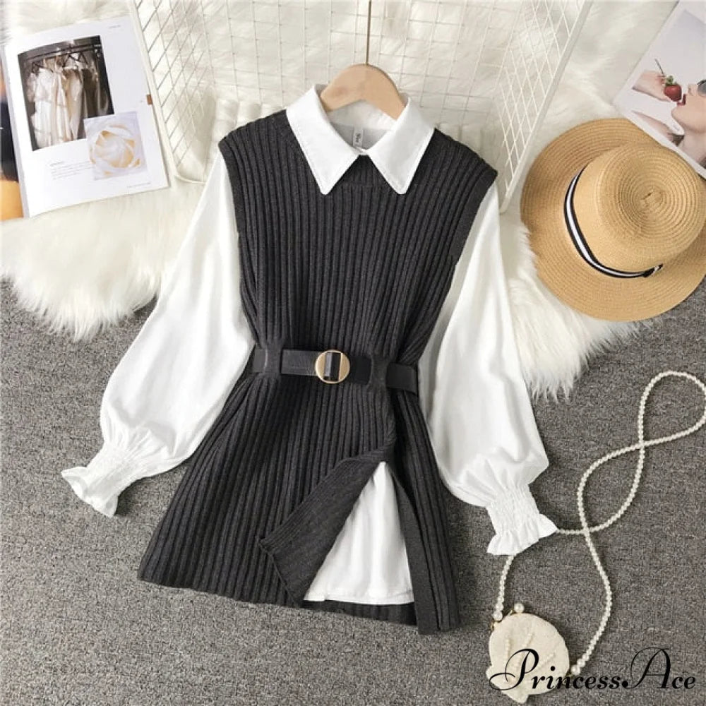 Knitted Set Waistband Style Blouse Top - Women’s Lantern College and Vest Arm UK900 gray / One Size