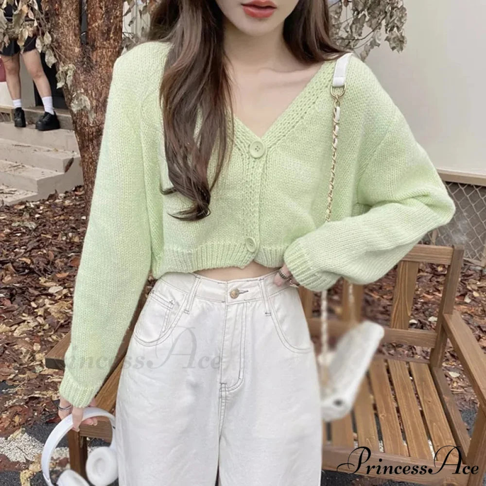 Knitted Shortened Korean V-Neck Y2K Cardigan LIGHT GREEN / One Size cardiagn-250126