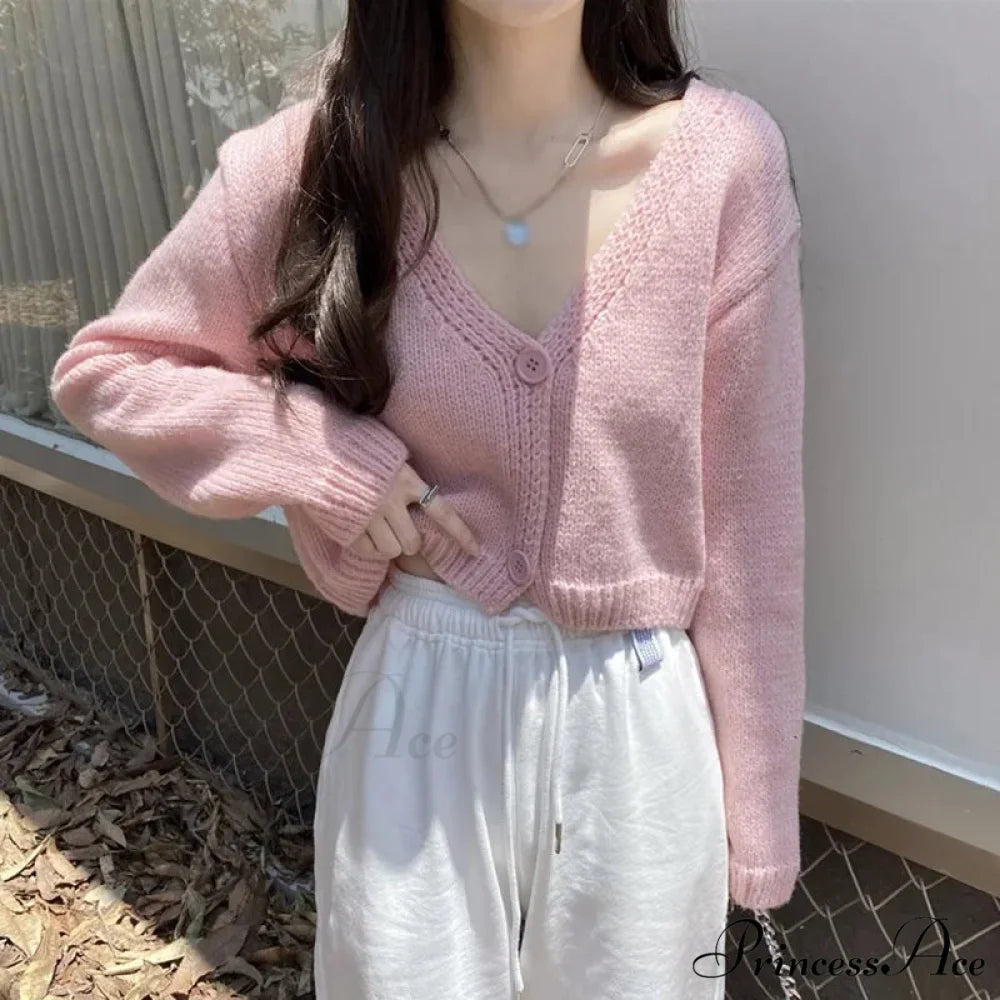Knitted Shortened Korean V-Neck Y2K Cardigan PINK / One Size cardiagn-250126