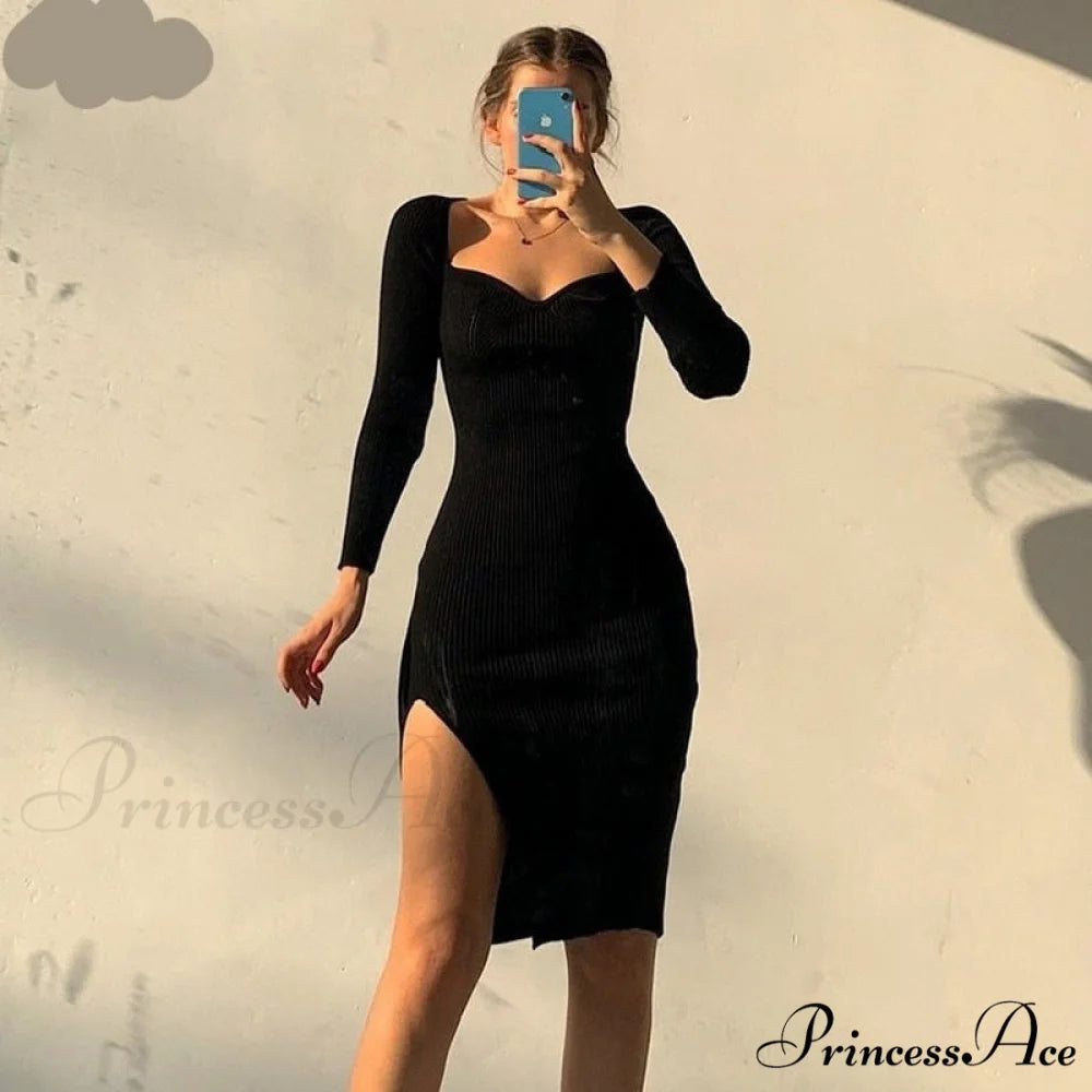 Knitted Sleeves Gown and Women Long Sweater Shoulder Off with Design Black Midi Dress / S