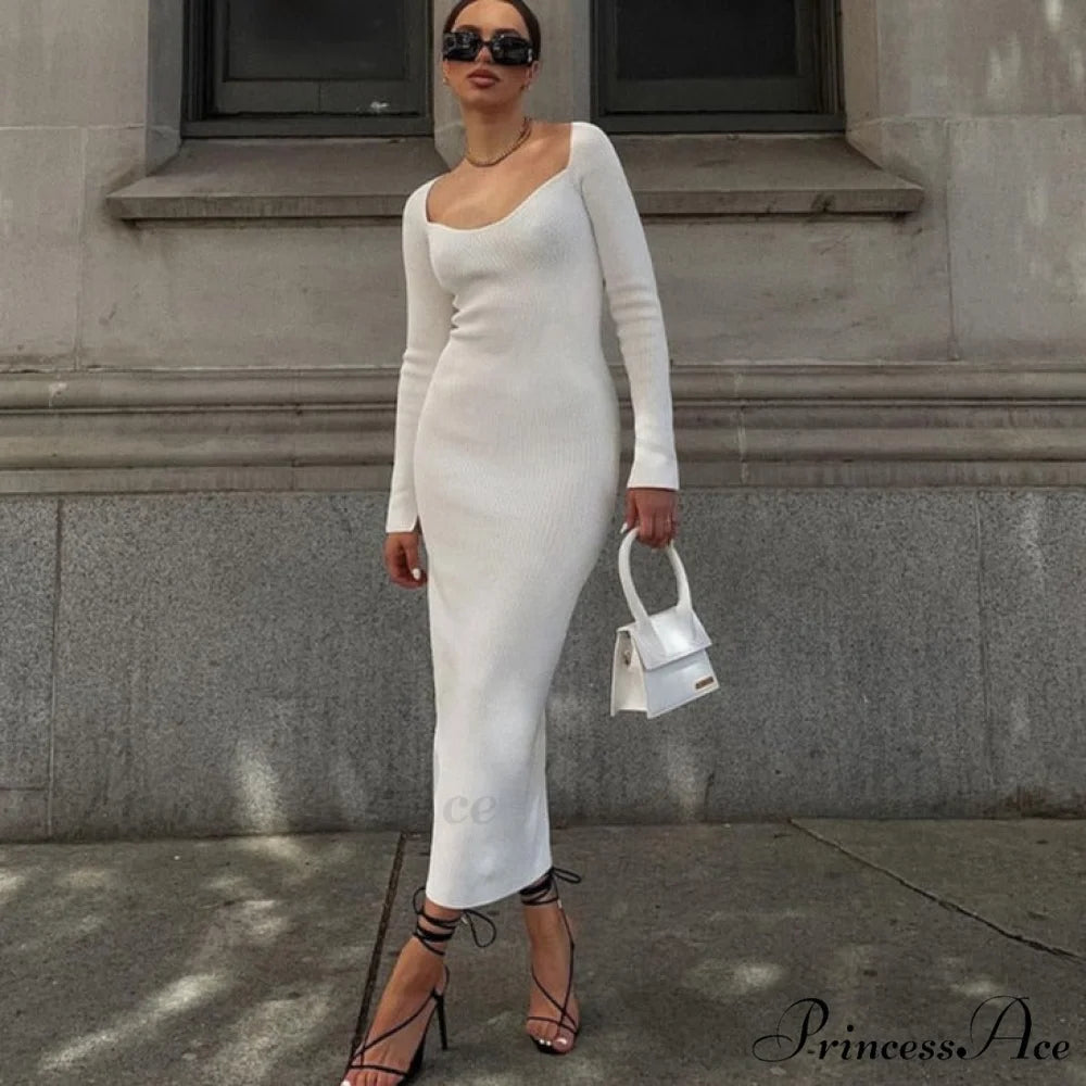 Knitted Sleeves Gown and Women Long Sweater Shoulder Off with Design White Maxi Dress / S