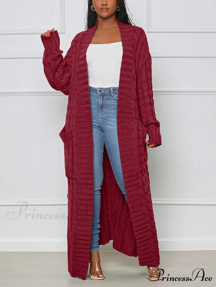 Knitted Solid Graceful Open Front Cardigan Red / S