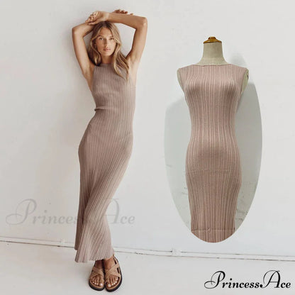 Knitted Split Maxi Dress Khaki / S