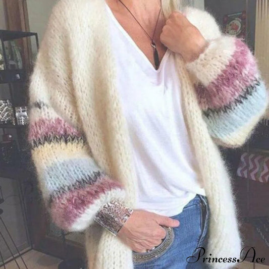Knitted Striped Cardigan Beige / S