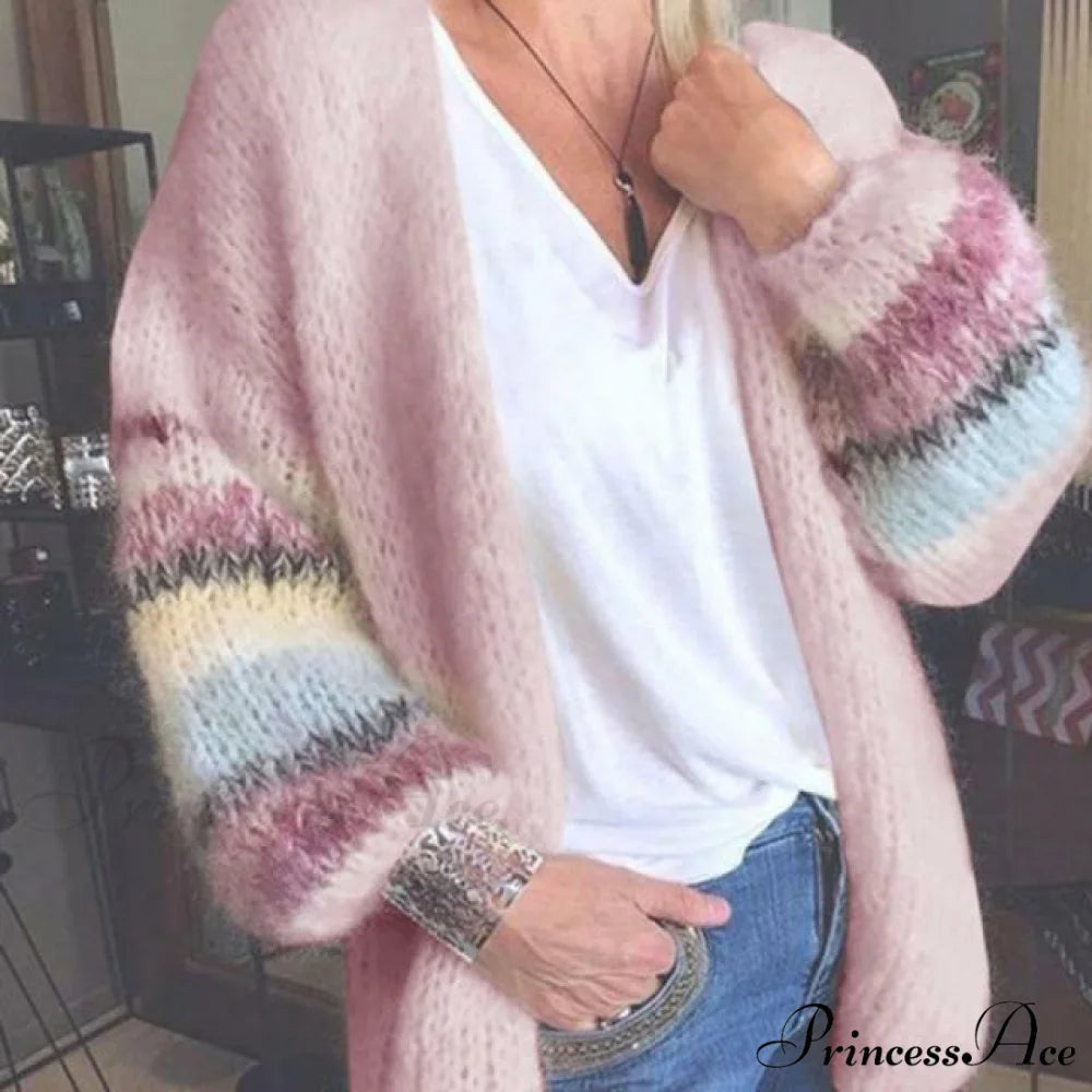 Knitted Striped Cardigan Pink / S