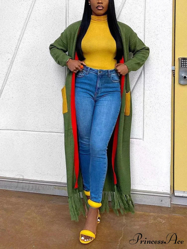 Knitted Striped Graceful Tassel Poncho