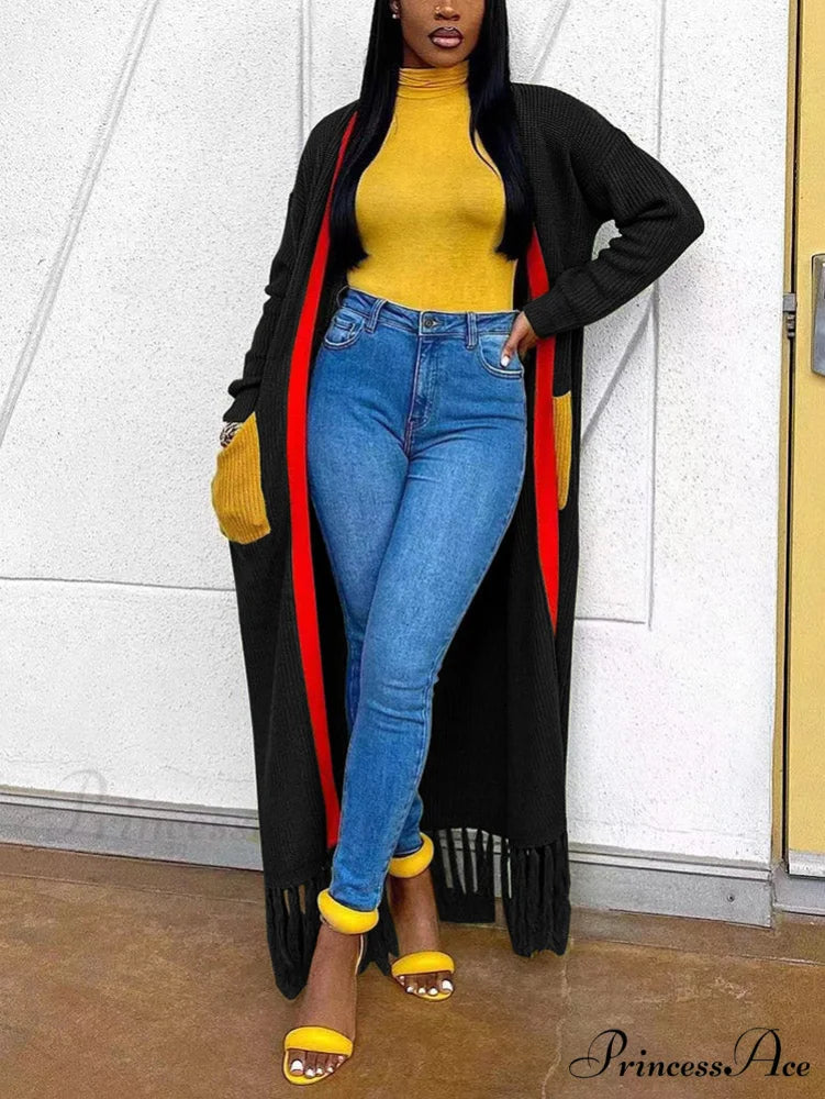 Knitted Striped Graceful Tassel Poncho Black / S