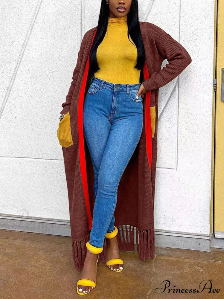 Knitted Striped Graceful Tassel Poncho Coffee / S