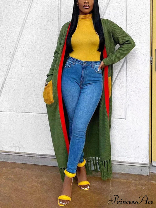 Knitted Striped Graceful Tassel Poncho Green / S