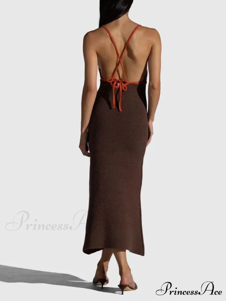 Knitted Suspender Halterneck V-Neck Graceful Backless Sexy Midi Dress