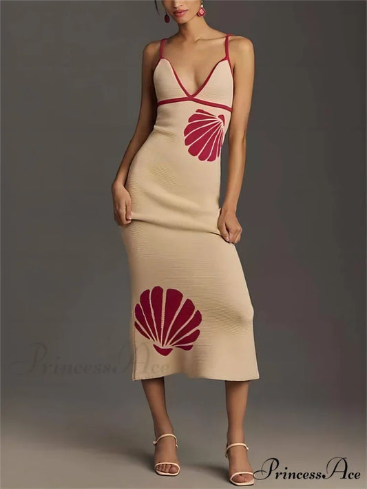 Knitted Suspender Halterneck V-Neck Graceful Backless Sexy Midi Dress Apricot / S