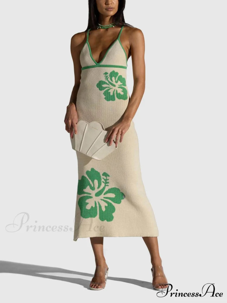 Knitted Suspender Halterneck V-Neck Graceful Backless Sexy Midi Dress Green / S