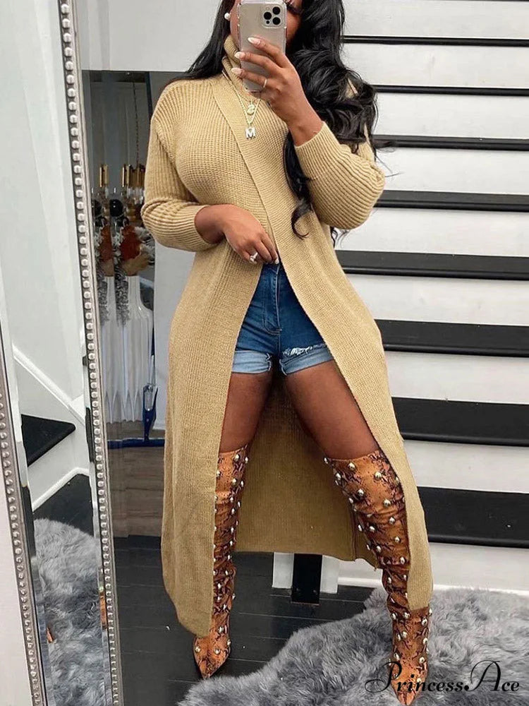 Knitted Tassels Graceful Ripped Long Cardigan Apricot / M