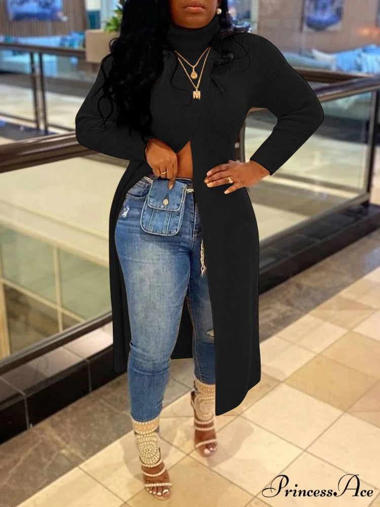 Knitted Tassels Graceful Ripped Long Cardigan Black / M