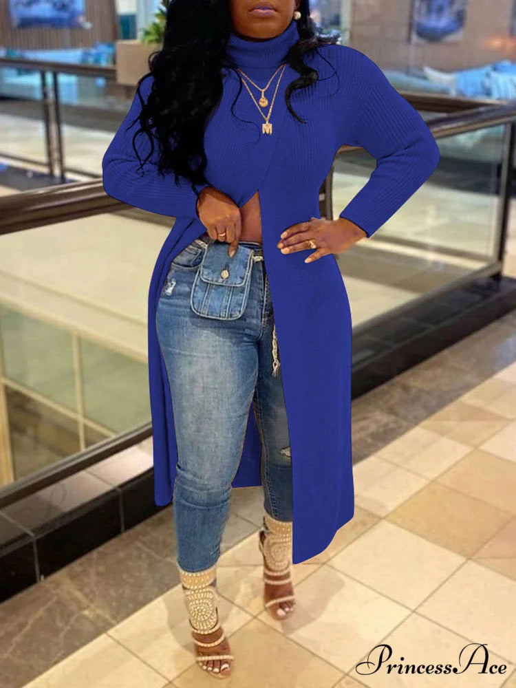 Knitted Tassels Graceful Ripped Long Cardigan Blue / M