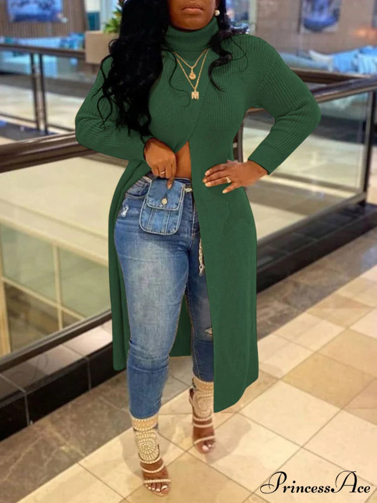 Knitted Tassels Graceful Ripped Long Cardigan Green / M