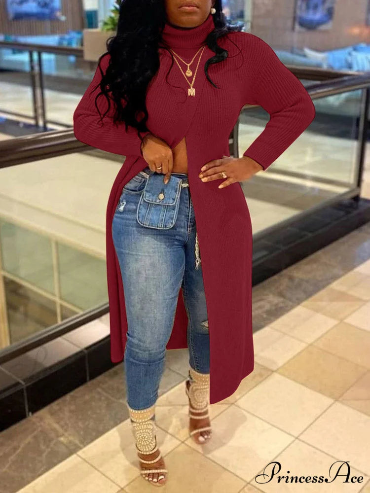 Knitted Tassels Graceful Ripped Long Cardigan Red / M