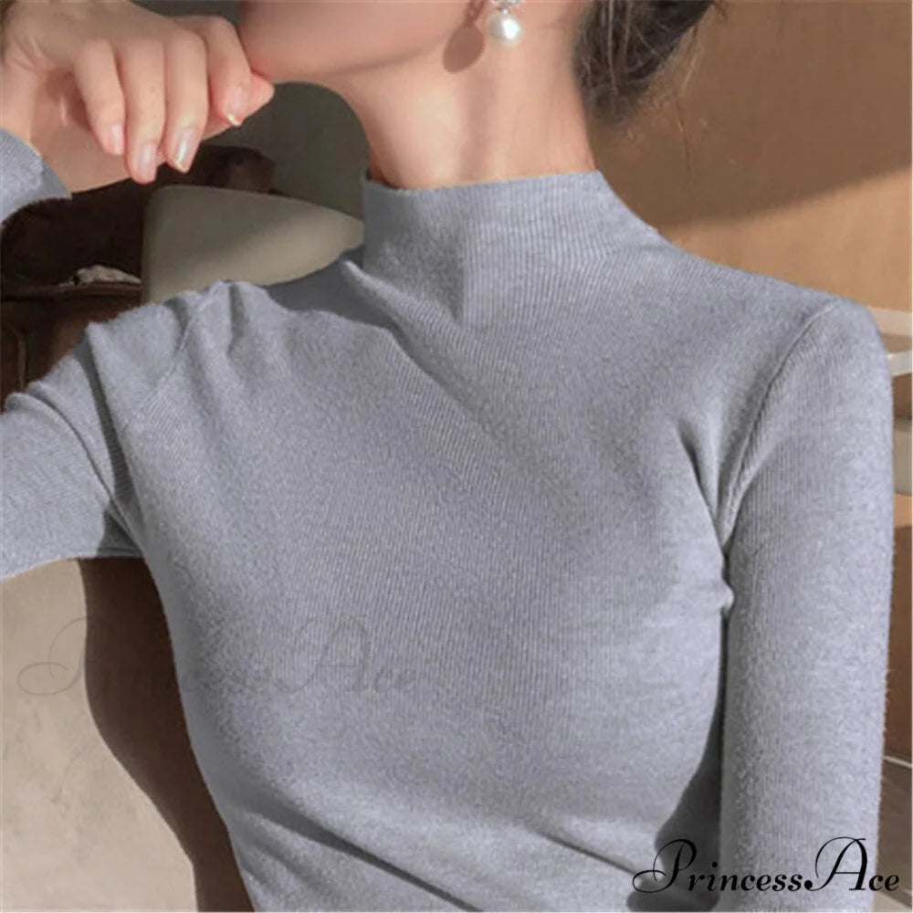 Knitted Turtleneck Pullovers Top Gray / One Size