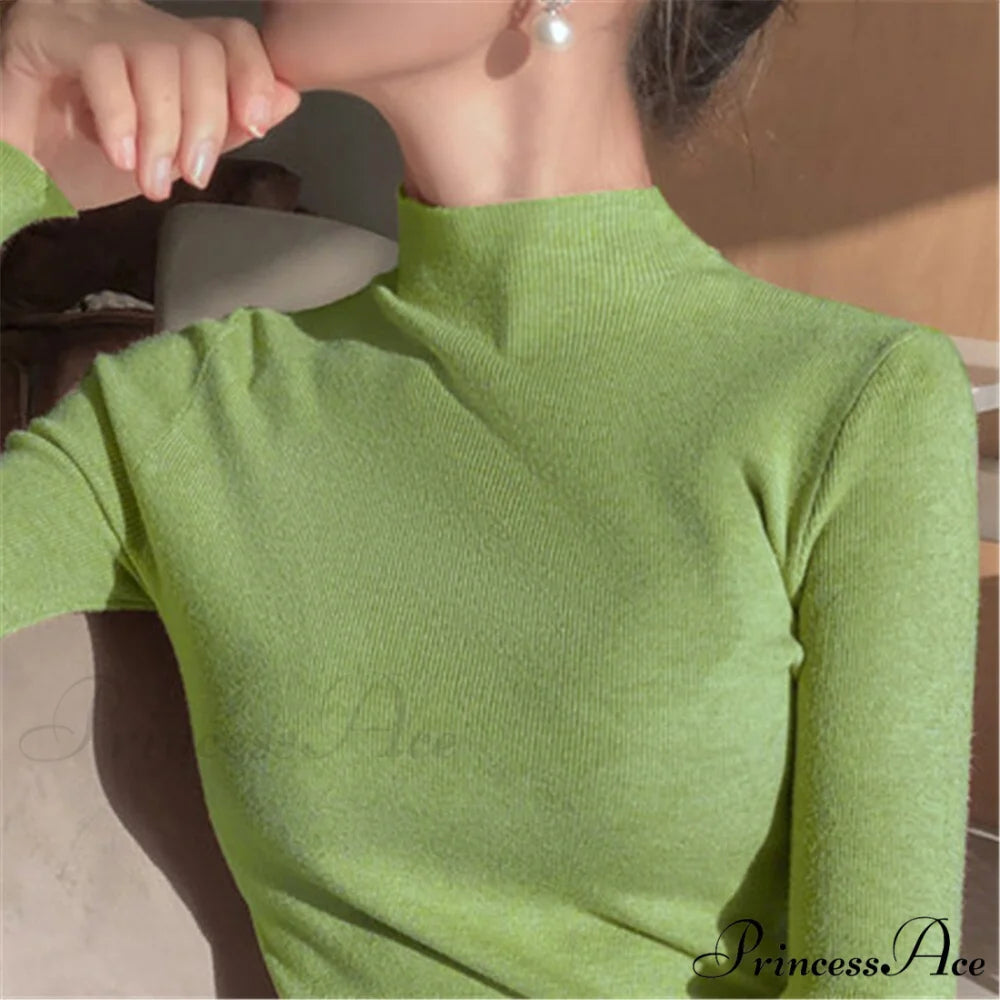 Knitted Turtleneck Pullovers Top green / One Size