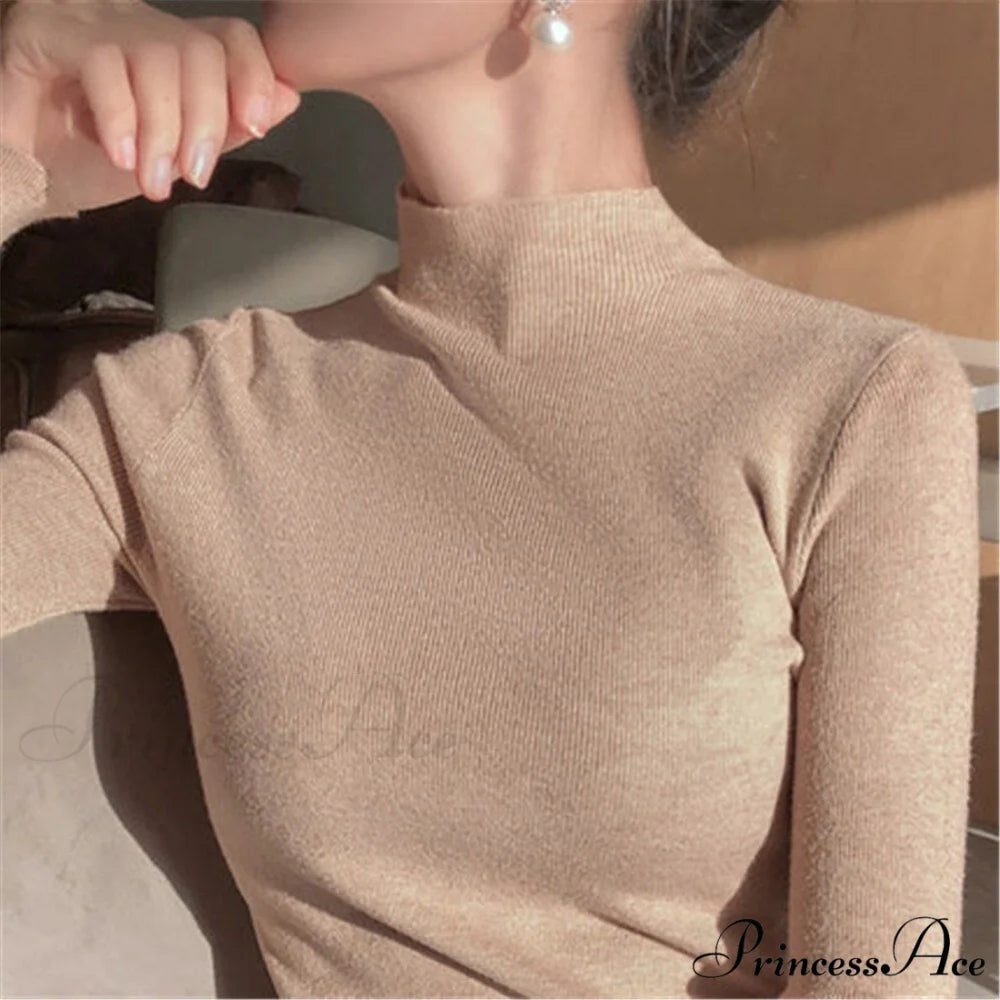 Knitted Turtleneck Pullovers Top Khaki / One Size