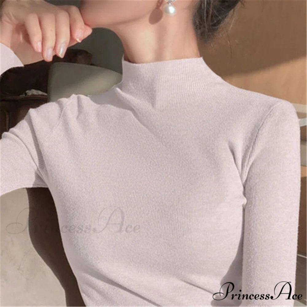 Knitted Turtleneck Pullovers Top White / One Size