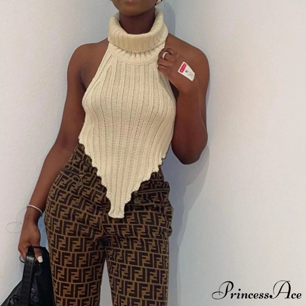 Knitted Turtleneck Stylish Backless Crop Top