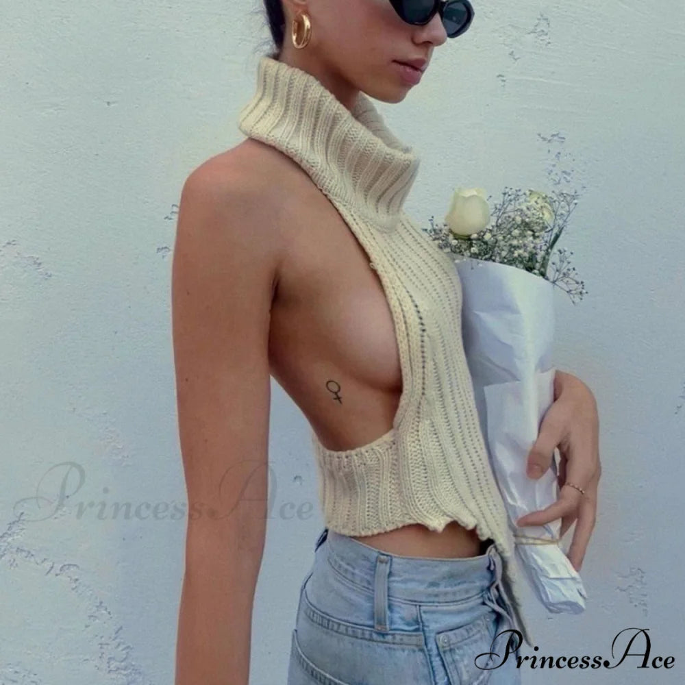 Knitted Turtleneck Stylish Backless Crop Top