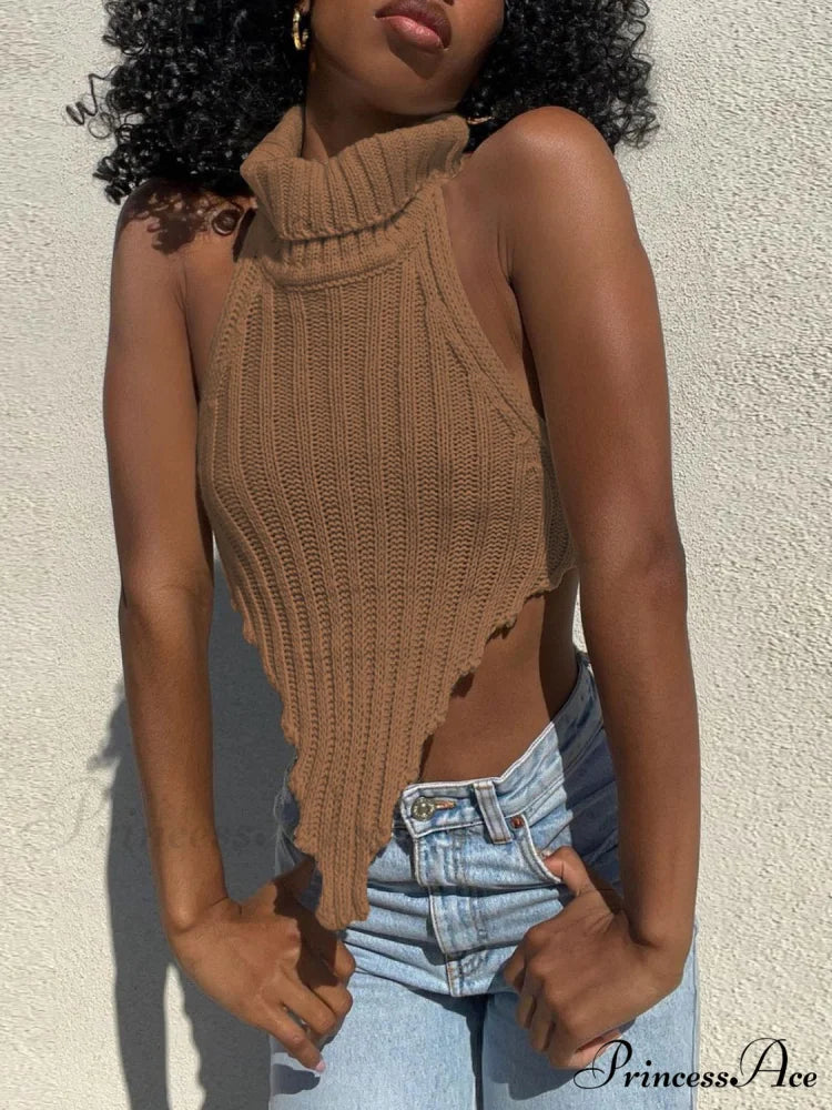 Knitted Turtleneck Stylish Backless Crop Top dark brown / S