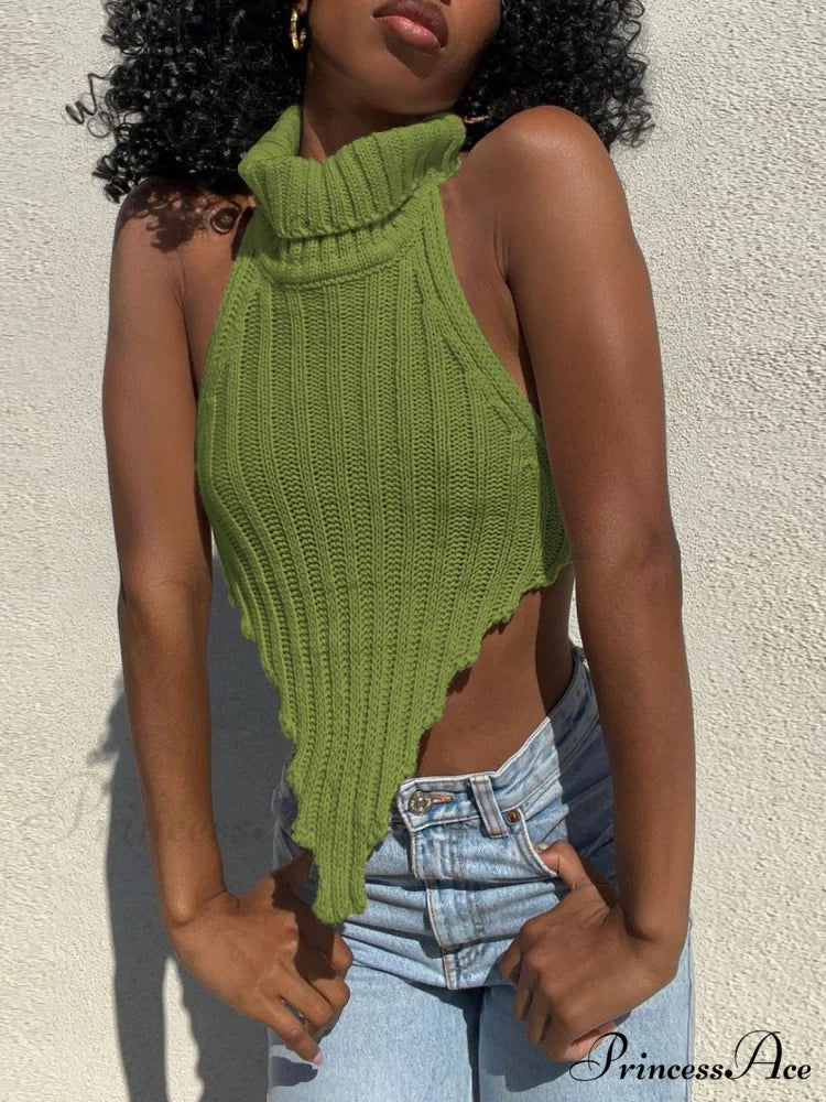 Knitted Turtleneck Stylish Backless Crop Top green / S