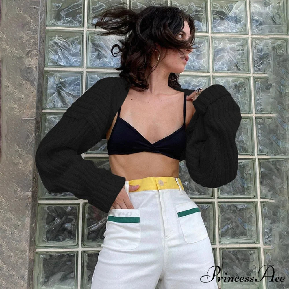 Knitted Ultra Short Sweater Cardigan Coat Black / One Size