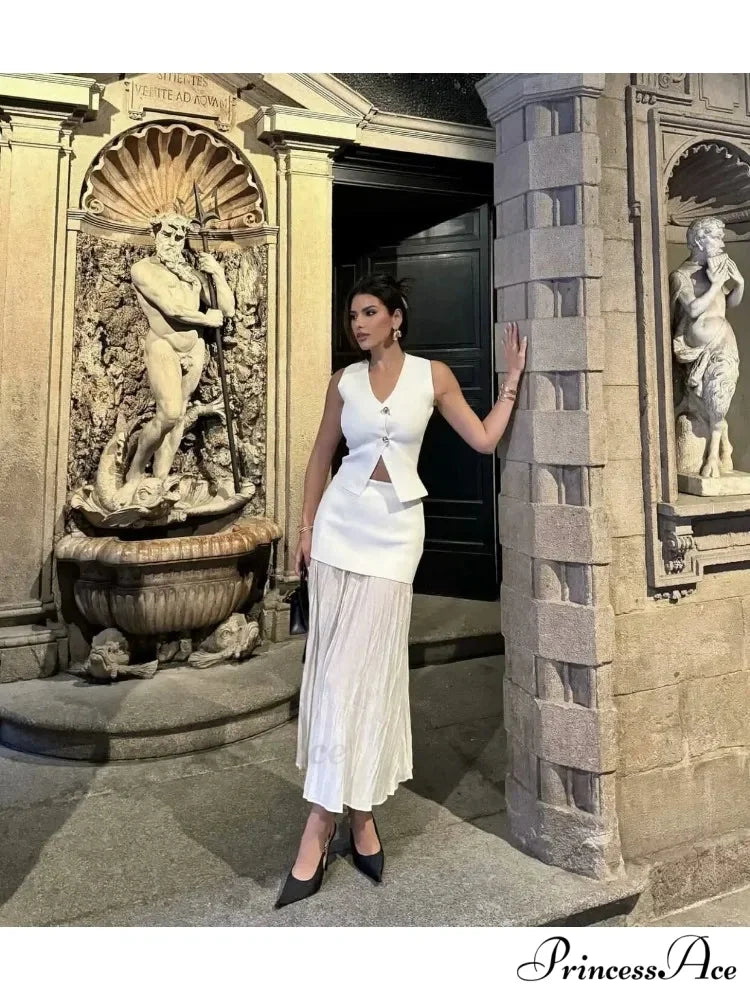 Knitted V-Neck Ankle Skirt Workplace Two Piece Set white2 / S officetwopieceset-250223