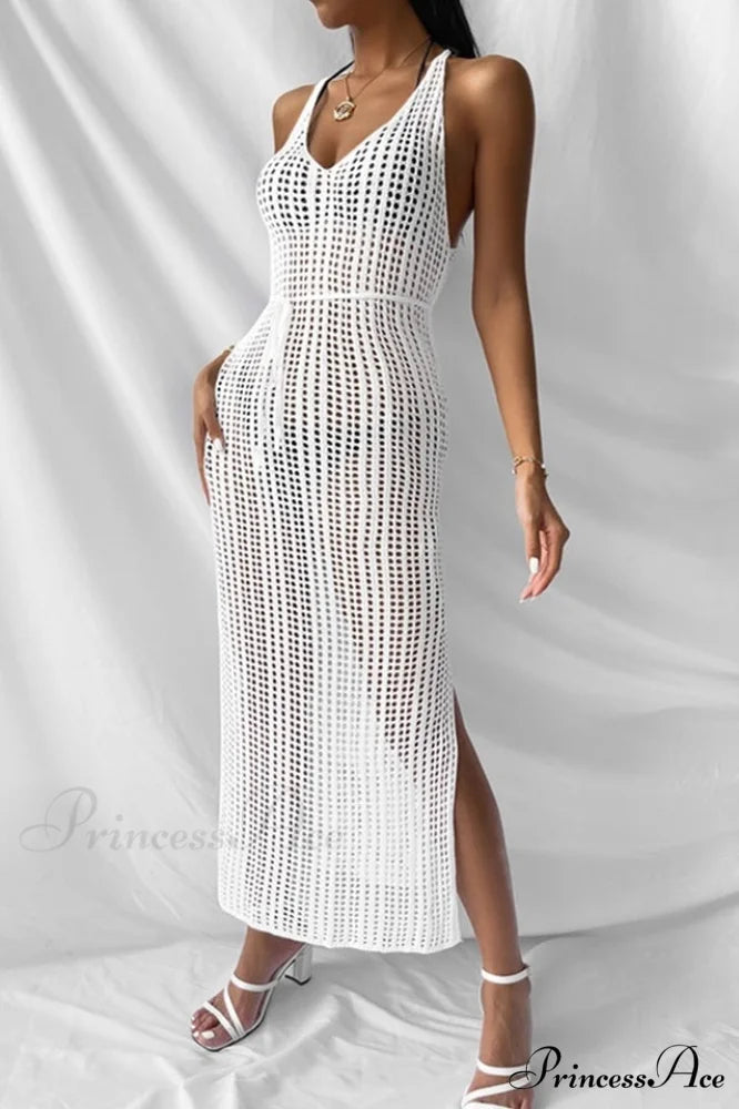 Knitted V Neck Charming Side Split Cover Up S / White