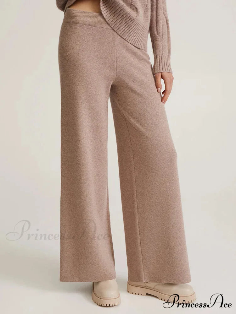 Knitted Winter High Waist Warm Straight Solid Light Blue Basic Wide Leg Pants Camel / One Size