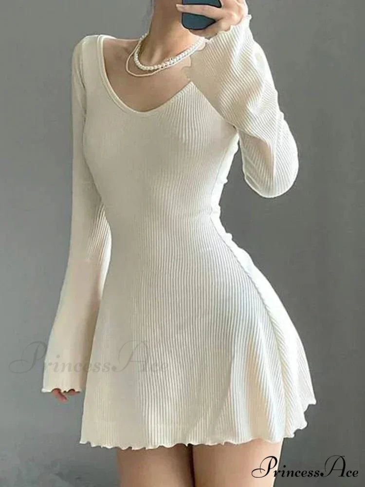 Knitting V Neck Hem Elegant Mini Dress WHITE / S