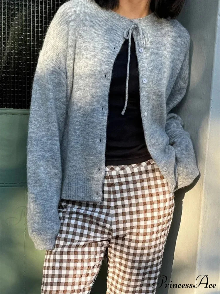Knotted Button Plain Knit Cardigan GRAY / S cardigans-241228
