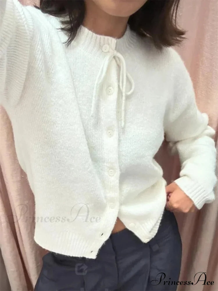Knotted Button Plain Knit Cardigan WHITE / S cardigans-241228