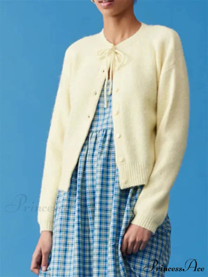 Knotted Button Plain Knit Cardigan Yellow / S cardigans-241228