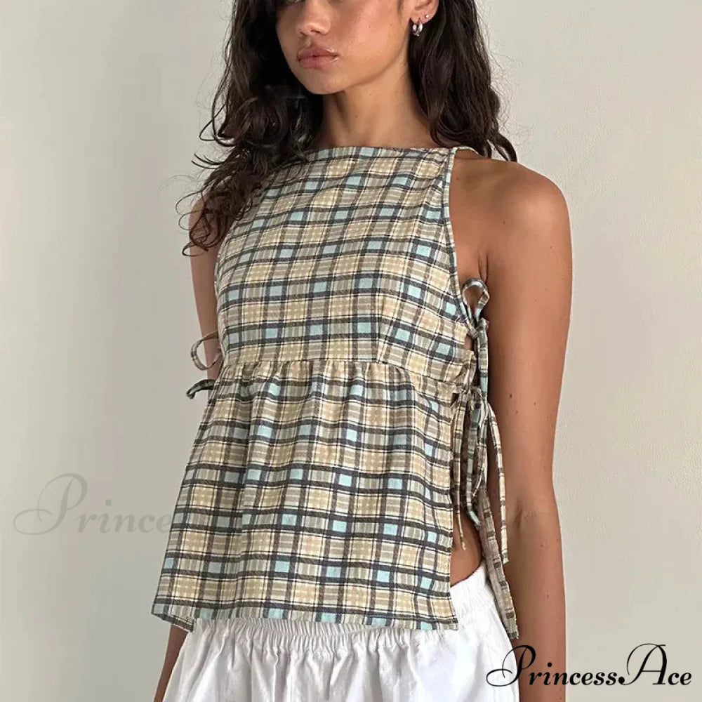Knotted Peplum Checkered Crop Top green / S croptop-250223