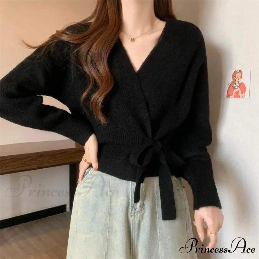 Knotted Waist Slimming Knit Cardigan Black / One Size cardigans-241228