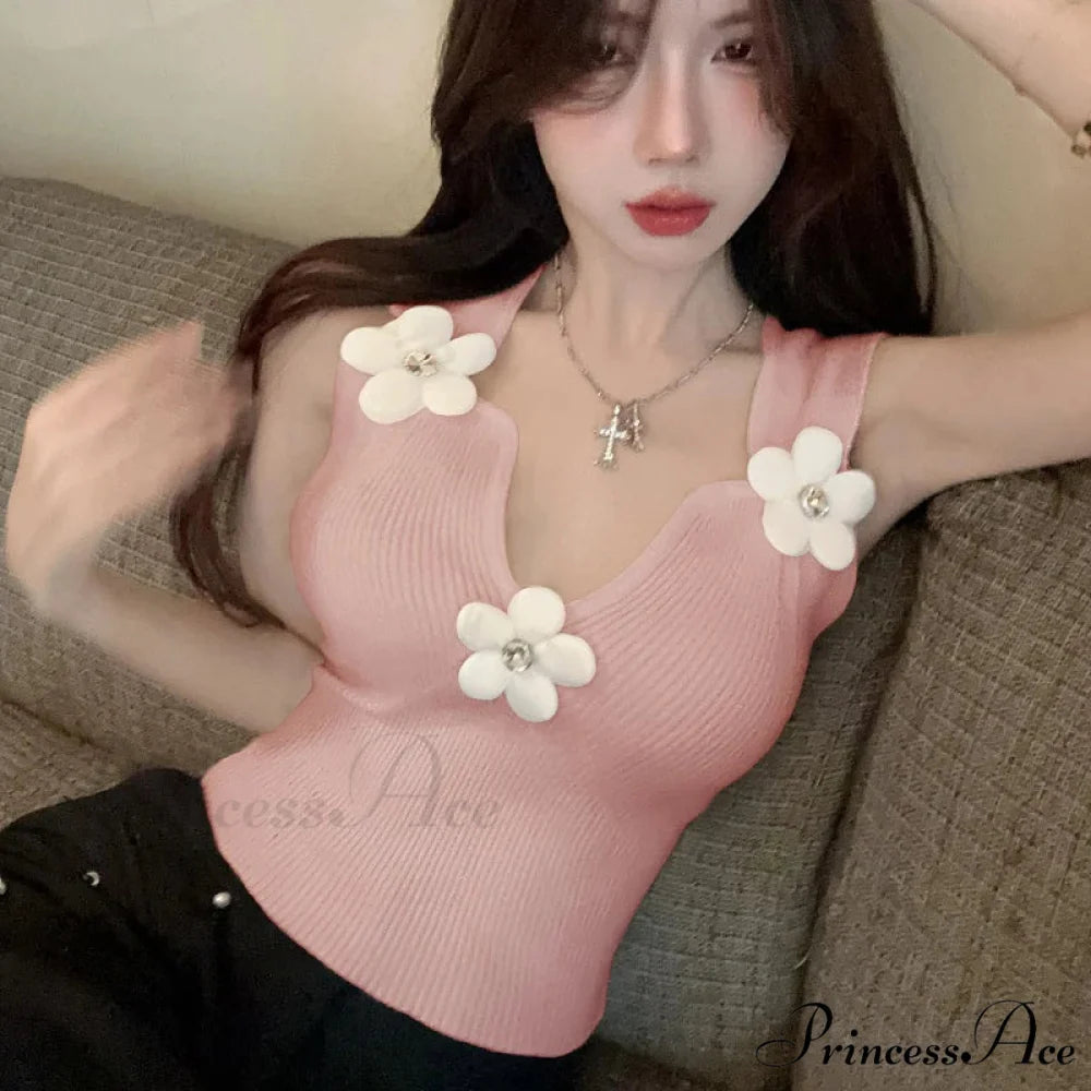 Korean 3D Blossoming Plunging Stretchy Crop Top Pink / One Size croptop-250126