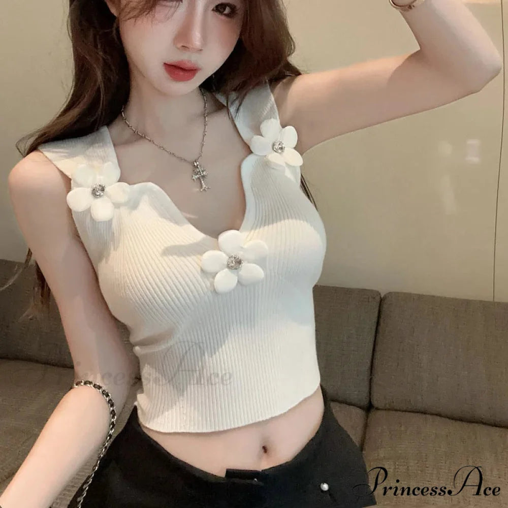 Korean 3D Blossoming Plunging Stretchy Crop Top WHITE / One Size croptop-250126