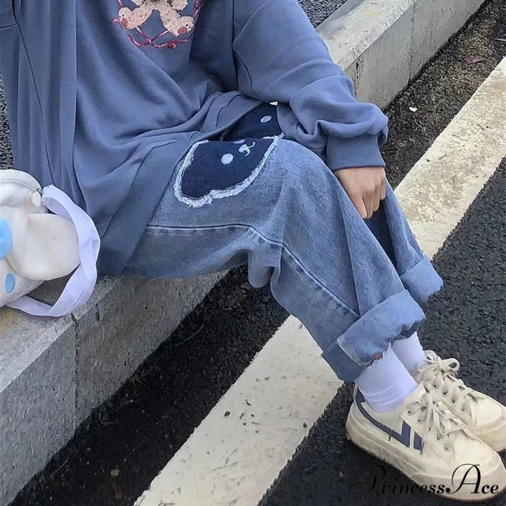 Korean Bear Jeans Cute Print Denim Wide Leg Pants