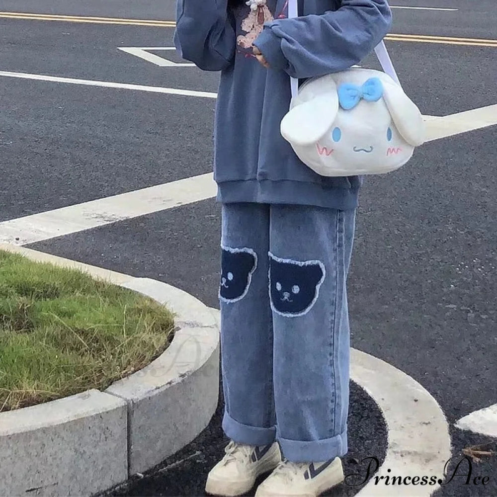 Korean Bear Jeans Cute Print Denim Wide Leg Pants