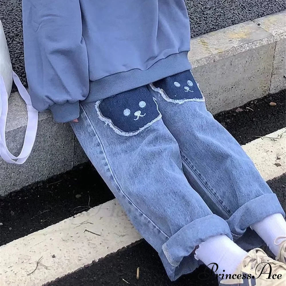 Korean Bear Jeans Cute Print Denim Wide Leg Pants