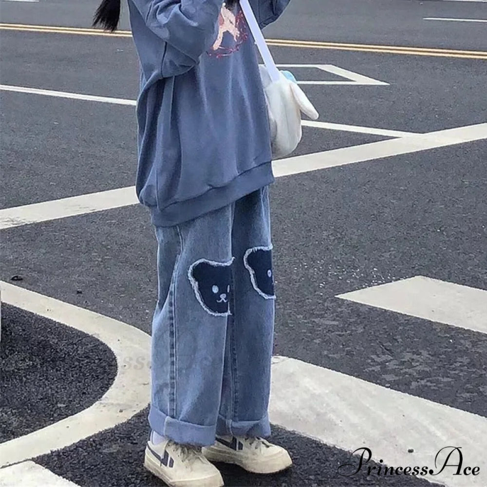 Korean Bear Jeans Cute Print Denim Wide Leg Pants