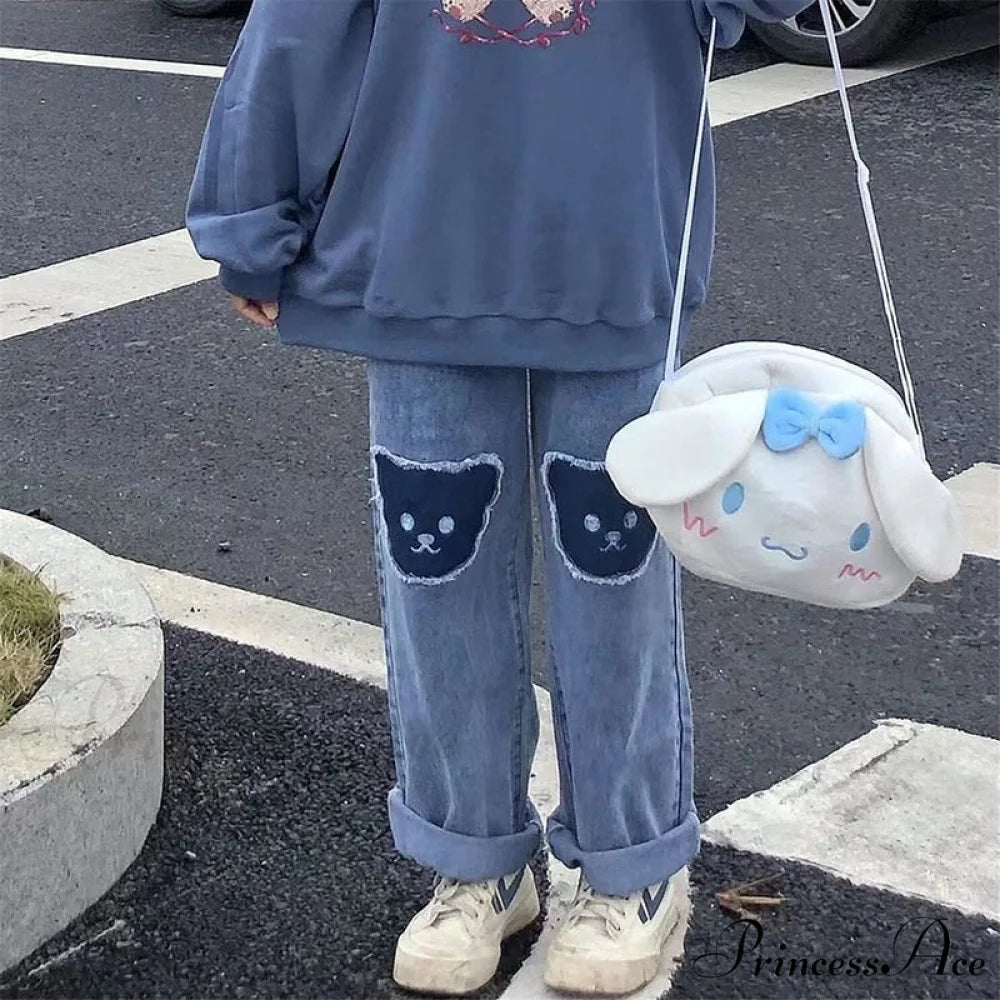 Korean Bear Jeans Cute Print Denim Wide Leg Pants