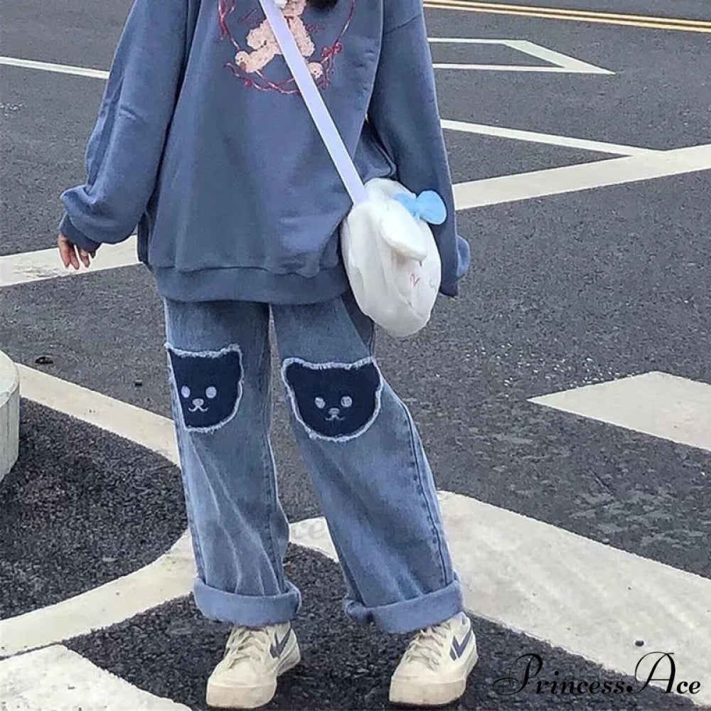 Korean Bear Jeans Cute Print Denim Wide Leg Pants Blue / S