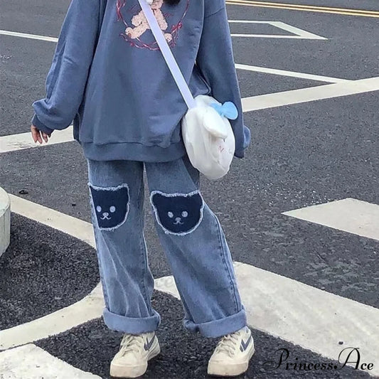 Korean Bear Jeans Cute Print Denim Wide Leg Pants Blue / S